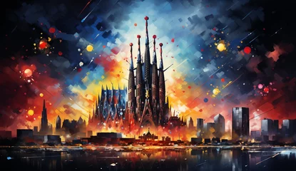 Crédence de cuisine en verre imprimé Coloré Explosive Colors, Abstract Art of La Sagrada Familia with Fireworks