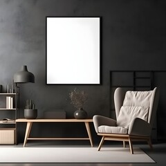 interior of a room with a table, 3d render, blank Frame mockup in modern dark home interior background 