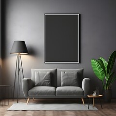 blank Frame mockup in modern dark home interior background, 3d render, modern interior design