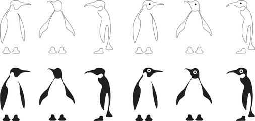 set of flat penguins logo illustration, good for mascot delivery or logistic, logo industry, linear editable stock color style with black isolated on transparent background. Animal Nature Icons .