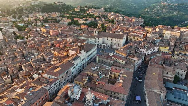 Aerial view of Perugia city center, Piazza IV Novembre, Fontana Maggiore, Palazzo dei Priori, and San Lorenzo Cathedral, in Umbria, Italy