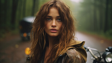 Young adult attractive European woman in  forest, beautiful lady pretty model with curly hair, freckles looking at camera on outdoor, close up face portrait. Hippie style, natural beauty