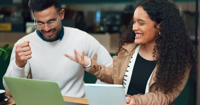 Tablet, laptop and happy people collaboration on cafe app research, project development and consulting on restaurant data. Excited freelancer, remote work partner and diner team discussion on report