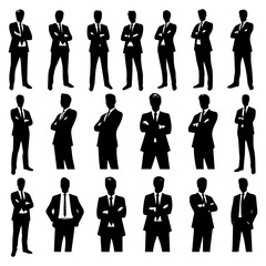 Business man standing pose vector silhouette black color a lot of people vector set