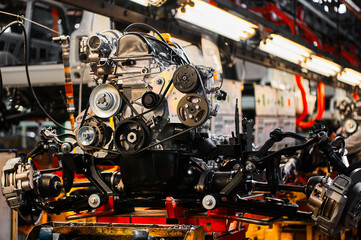 Automobile motor on assembling conveyor in workshop