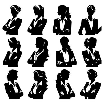 Business Woman Folded Arms Vector Silhouette A Set Of Group Black Color