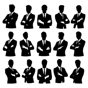 Business man standing pose vector silhouette black color a lot of people vector set