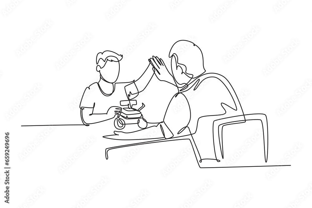 Poster single continuous line drawing father accompany his kid playing a robot action figure model kit and 