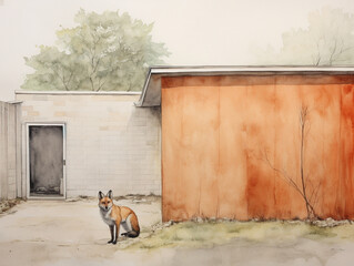 A Minimal Watercolor of a Fox in the Yard of a House in the Suburbs