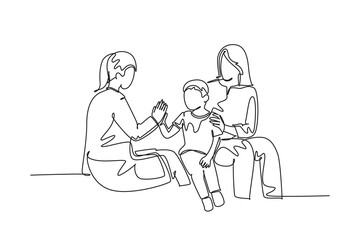 Continuous one line drawing young happy female doctor checking up sick patient little boy and giving high five gesture. Medical healthcare concept. Single line draw design vector graphic illustration