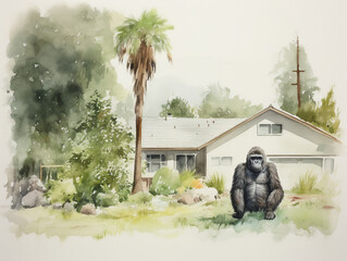 Obraz na płótnie Canvas A Minimal Watercolor of a Gorilla in the Yard of a House in the Suburbs