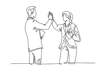 Fototapeta na wymiar Continuous one line drawing of young happy businessman and businesswoman celebrating their successive goal with high five gesture. Business deal concept. Single line design vector graphic illustration