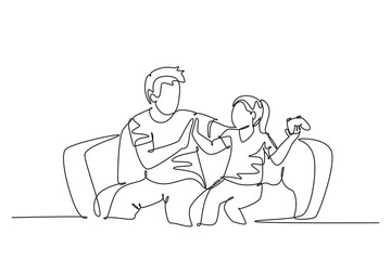Continuous one line drawing father and daughter sitting on couch playing console video game together, giving high five gesture. Parenting concept. Single line draw design vector graphic illustration