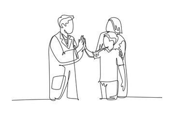 Single one line drawing of young happy male doctor checking up sick patient boy and giving high five gesture. Medical healthcare concept. Modern continuous line draw design graphic vector illustration