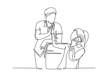 Continuous one line drawing young happy couple celebrate their success while the woman talking on phone and give high five gesture. Business deal. Single line draw design vector graphic illustration