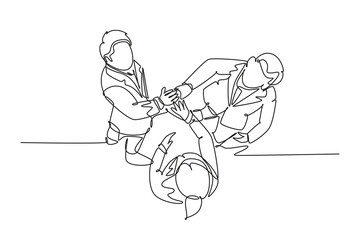 Single continuous line drawing of young businessmen celebrating their successive goal at business meeting with high five gesture from top view. Dynamic one line draw graphic design vector illustration