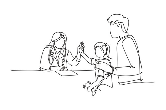 Single One Line Drawing Young Happy Female Doctor Checking Up Sick Patient Girl And Giving High Five Gesture. Medical Healthcare Concept. Modern Continuous Line Draw Design Graphic Vector Illustration