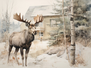 A Minimal Watercolor of a Moose in the Yard of a House in the Suburbs