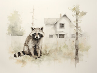 A Minimal Watercolor of a Raccoon in the Yard of a House in the Suburbs