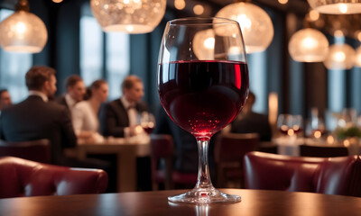 Red wine in a tall wine glass restaurants bokeh background. AI generative