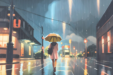 Woman walking down the street on a rainy day
Generative AI