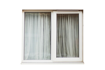 Cutout of an isolated white window frame with sunshade curtains taken from outside with the transparent png	

