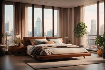 luxury studio apartment with a free layout in a loft style in dark colors. Stylish modern room area with wooden floor parquet and 3d panel wall. 3d render. Generative AI