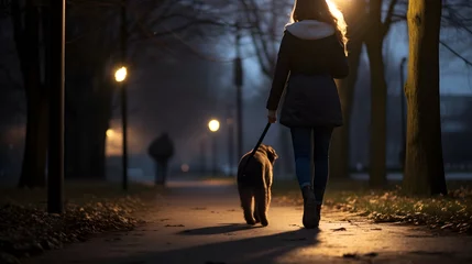 Rolgordijnen Woman walks her dog in the park at night © AspctStyle