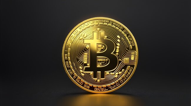 Golden Bitcoin on dark background. Virtual money.