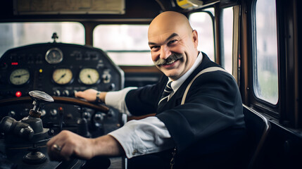 Portrait of rail steam train driver at work, slim bald train driver operating the controls of the vintage steam train.