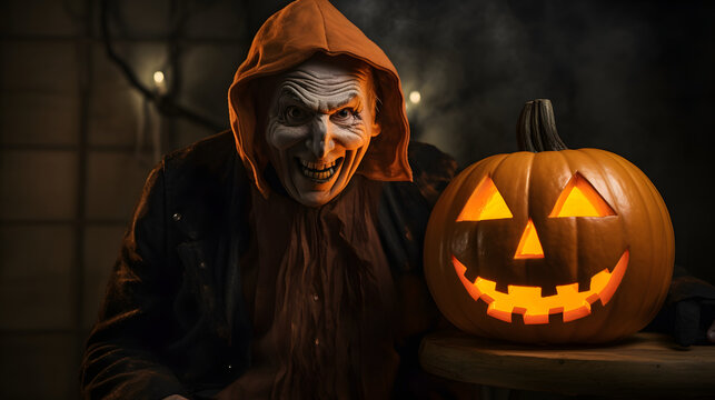 Black witch holding Halloween pumpkin in hand smiling on dark forest background