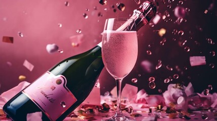 Glasse of pink champagne and bottle - obrazy, fototapety, plakaty