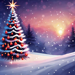A Christmas tree illustration in the mountains on a snowy night