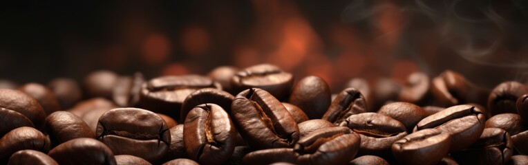 Freshly roasted coffee beans close up on a dark background.