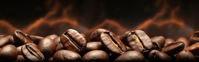 Freshly roasted coffee beans close up on a dark background.
