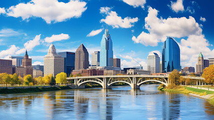Columbus Ohio USA skyline on the river with blue sky background - obrazy, fototapety, plakaty