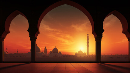 Elegant Silhouette at Sunset Mosque Background