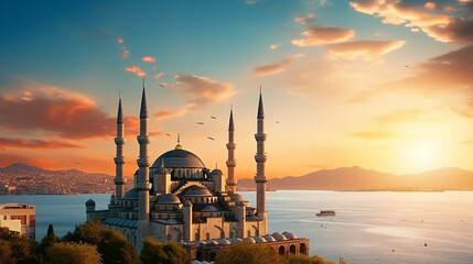 Minarets and domes of Blue Mosque with Bosporus - obrazy, fototapety, plakaty