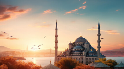 Beautiful Minarets and domes of Blue Mosque with Bosporus - obrazy, fototapety, plakaty