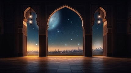 Elegant Moonlight shines through the window into Islamic mosque