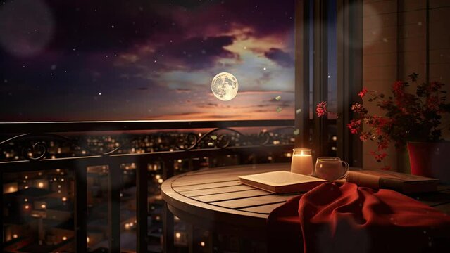 view of the lunar eclipse on the bedroom balcony.  with anime or cartoon style. seamless looping time-lapse virtual video animation background