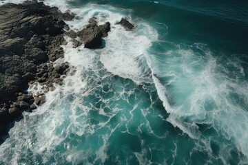 Fototapeta premium Coastal beauty from above. Majestic cliff and turquoise waters. Waves crashing on rocky coastline. Seaside tranquility. View of ocean. Nature rhythms. Beauty in high tide