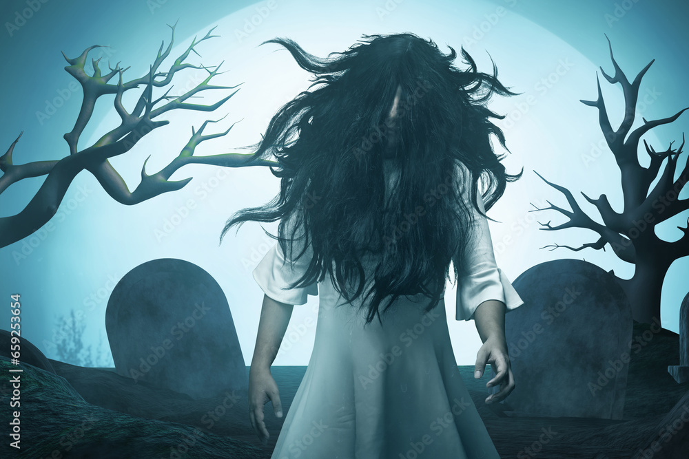 Wall mural Ghost woman with long hair on graveyard cemetery with full moon background