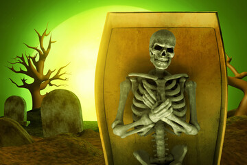 Human skeleton coffin on graveyard cemetery with full moon background