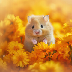 Serene Summer: A Hamster's Day Out in the Flower Field,hamster and flowers,hamster in the garden