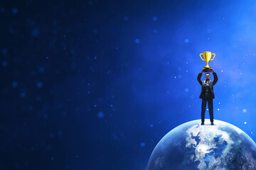 Businessman holding golden trophy 3d illustration - obrazy, fototapety, plakaty