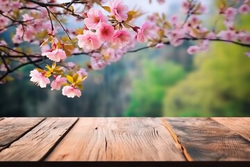 old wood floor with pink Sakura flowers blooming blossom blurred background. generative ai.