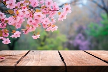 Naklejka na ściany i meble old wood floor with pink Sakura flowers blooming blossom blurred background. generative ai.