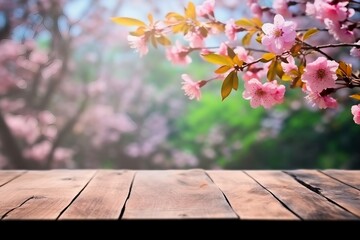Naklejka na ściany i meble old wood floor with pink Sakura flowers blooming blossom blurred background. generative ai.