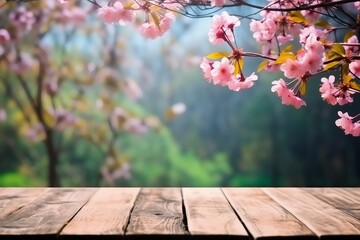 old wood floor with pink Sakura flowers blooming blossom blurred background. generative ai. - obrazy, fototapety, plakaty